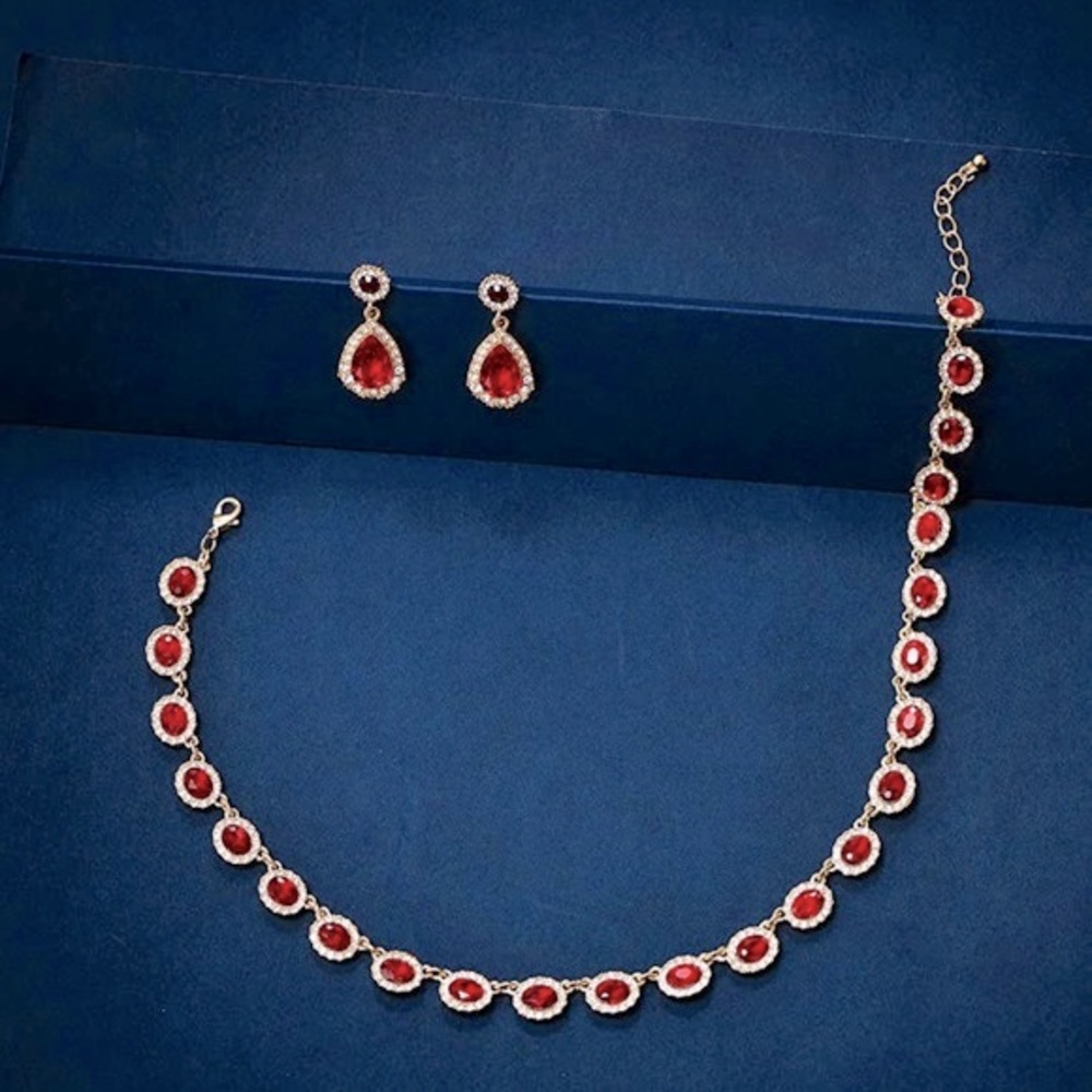 NEW! Crystal Choker Statement Necklace Teardrop Dangle Earrings Jewelry Set Ruby
